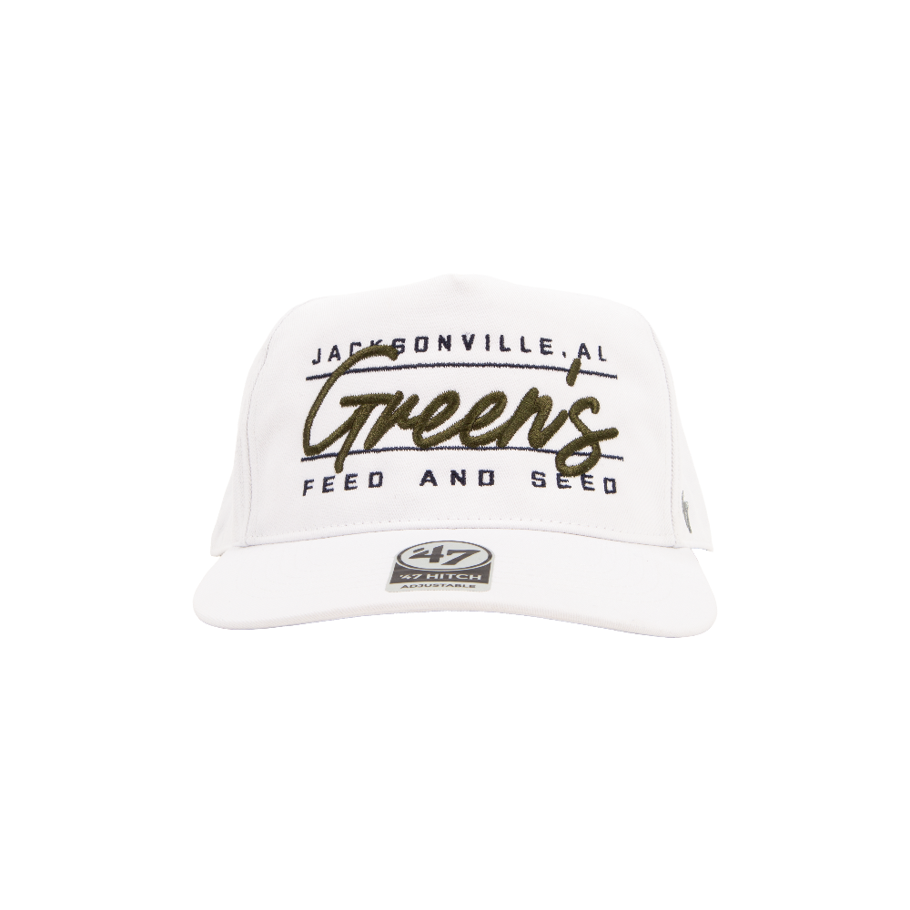 White cap with 'Jacksonville, AL Green's Feed and Seed' text on a white background riley green