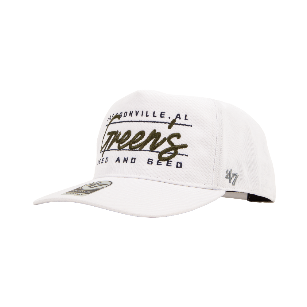 White cap with text and '47' logo on a white background riley green