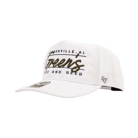 White cap with text and '47' logo on a white background riley green
