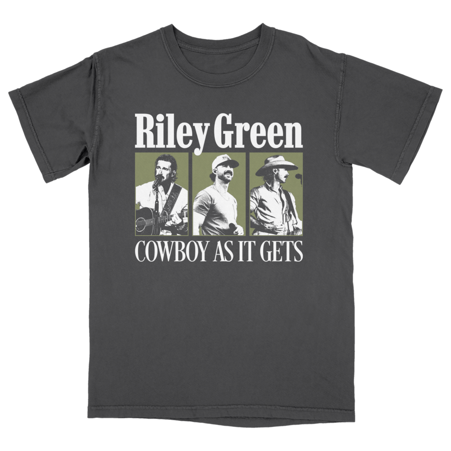 A dark gray crewneck t-shirt featuring a graphic print of three photos of country music artist Riley Green with the text 'Riley Green' and 'COWBOY AS IT GETS' in white, set against a solid green background.