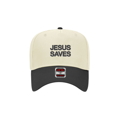 Beige and black cap with 'Jesus Saves' text on a white background. Riley Green