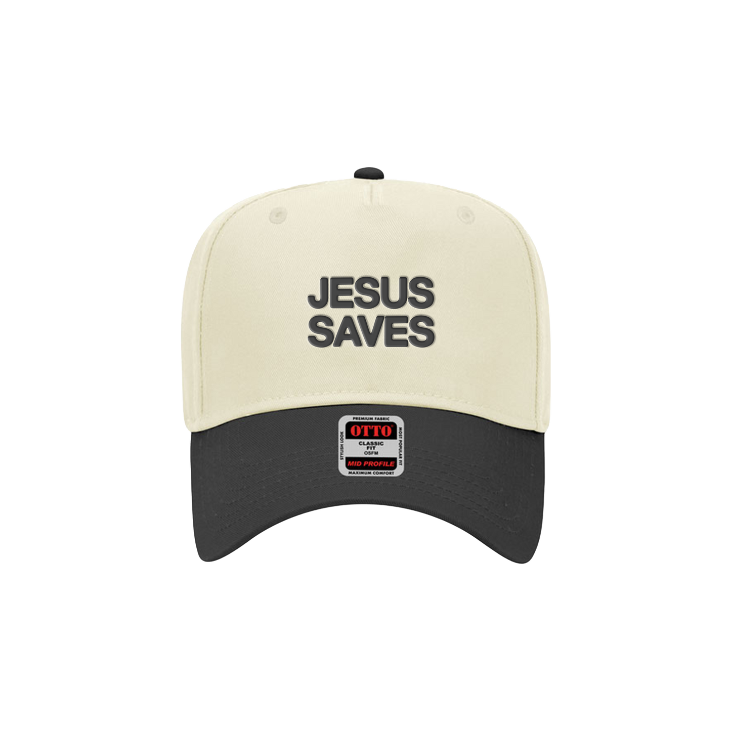 Beige and black cap with 'Jesus Saves' text on a white background. Riley Green