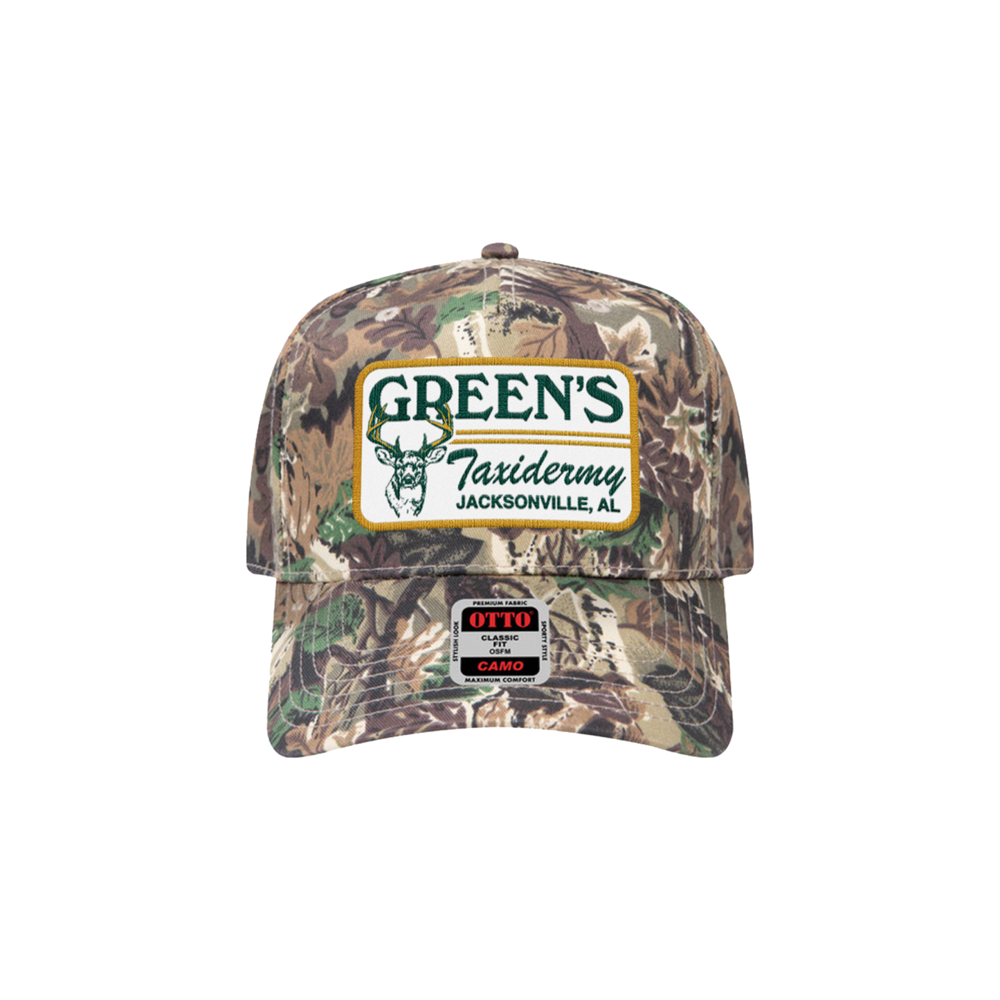 Camouflage cap with Green's Taxidermy logo on a white background
