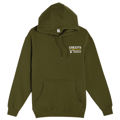 Green hoodie with a logo on the chest against a white background