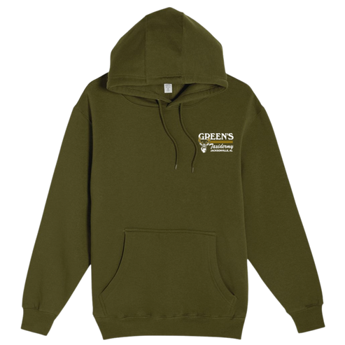 Green hoodie with a logo on the chest against a white background