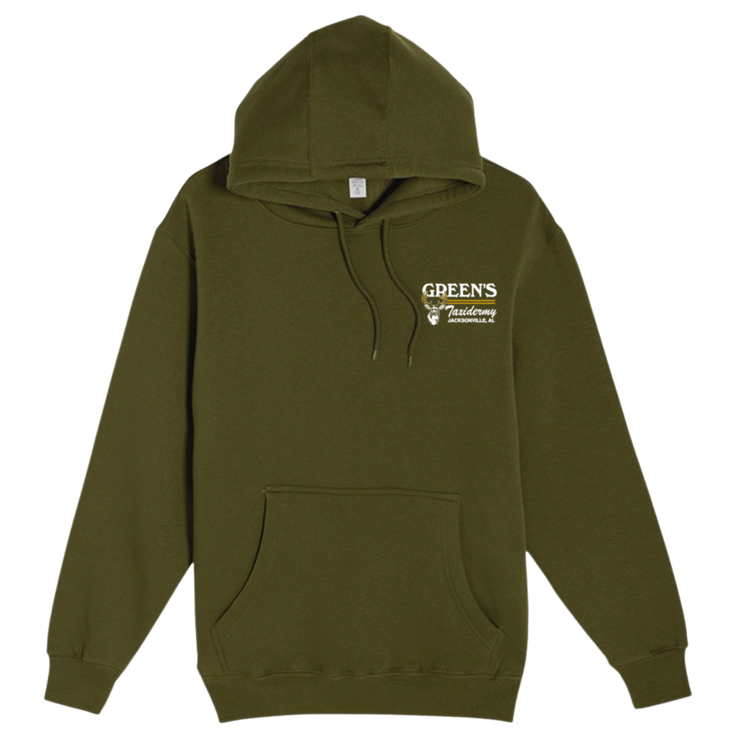 Green hoodie with a logo on the chest against a white background