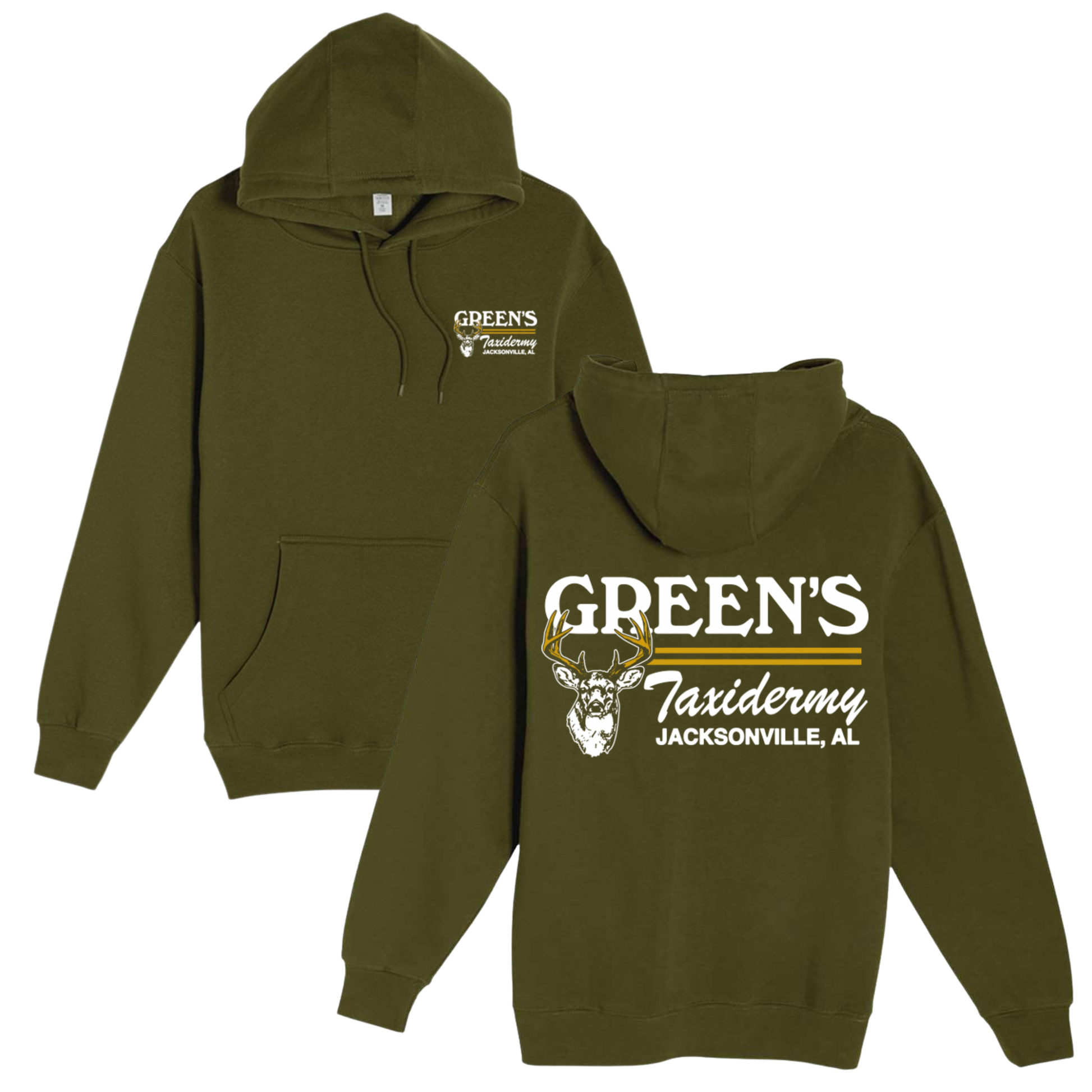 Green hoodie with 'Green's Taxidermy' logo on front and back, on a white background