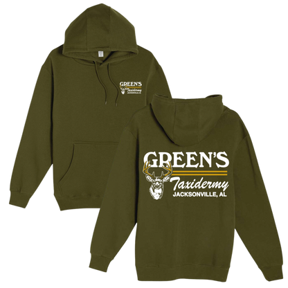 Green hoodie with 'Green's Taxidermy' logo on front and back, on a white background