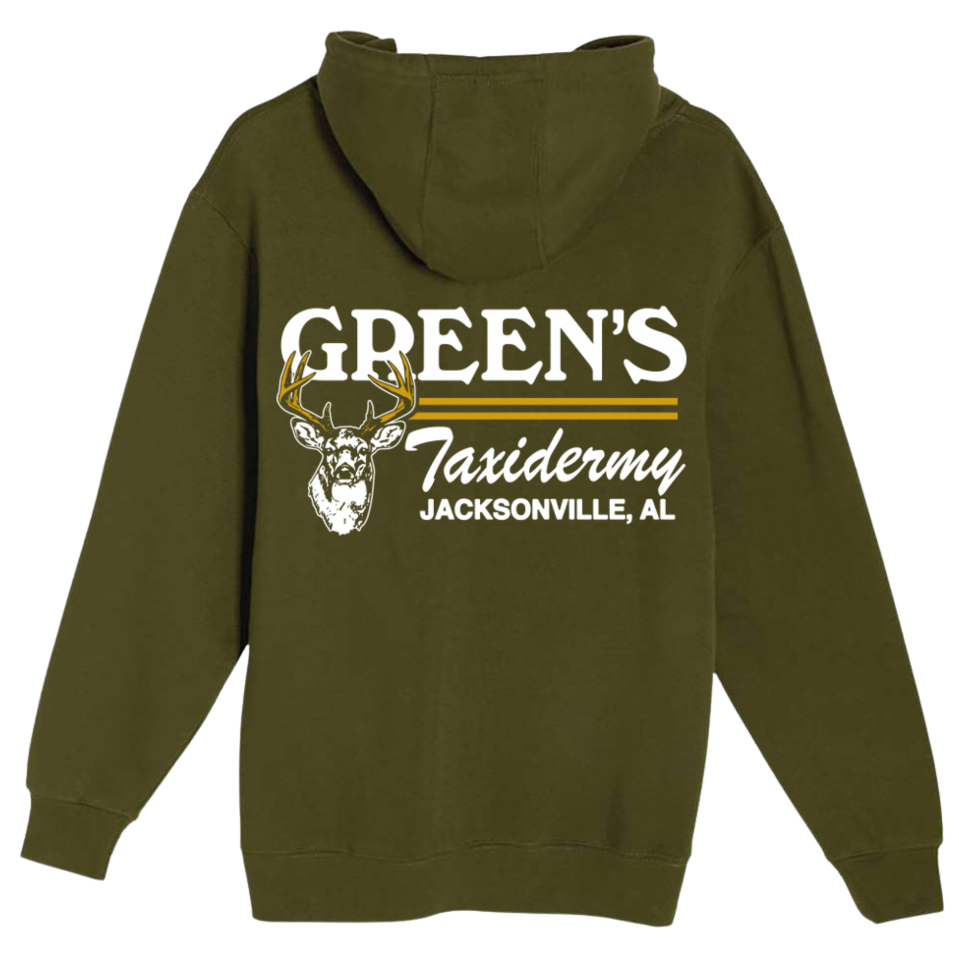 Green hoodie with 'Green's Taxidermy Jacksonville, AL' printed on the back