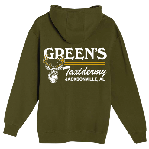 Green hoodie with 'Green's Taxidermy Jacksonville, AL' printed on the back