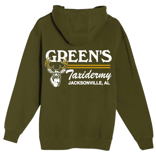 Green hoodie with 'Green's Taxidermy Jacksonville, AL' printed on the back