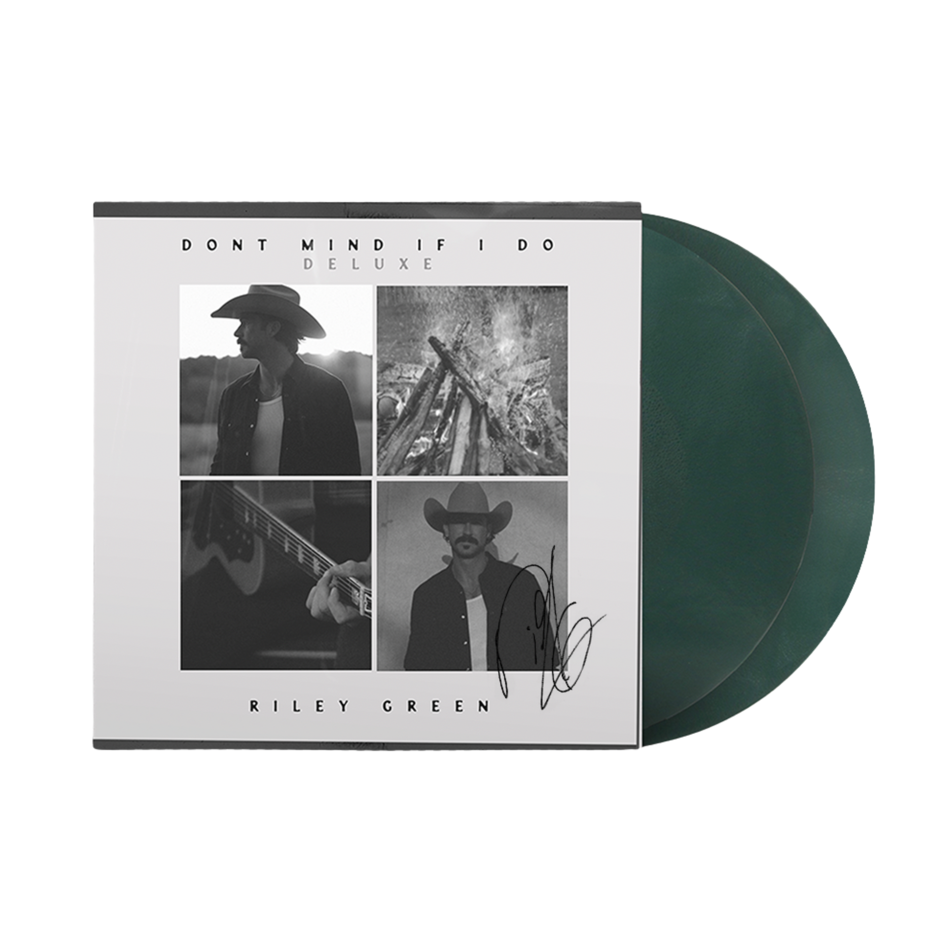 Vinyl record with a cover featuring images of a person playing guitar and text 'Don't Mind If I Do Deluxe Riley Green'.