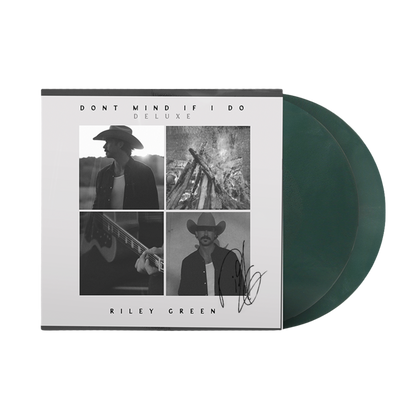 Vinyl record with a cover featuring images of a person playing guitar and text 'Don't Mind If I Do Deluxe Riley Green'.