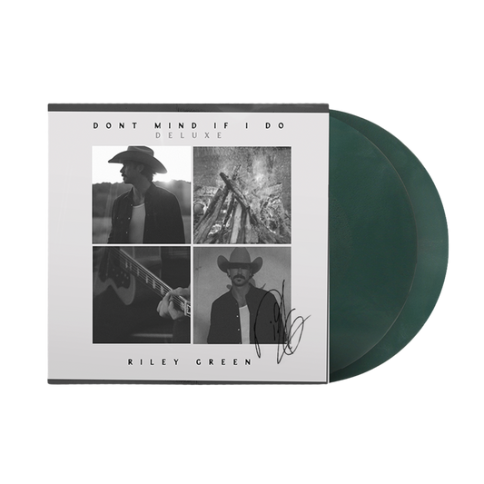 Vinyl record with a cover featuring images of a person playing guitar and text 'Don't Mind If I Do Deluxe Riley Green'.